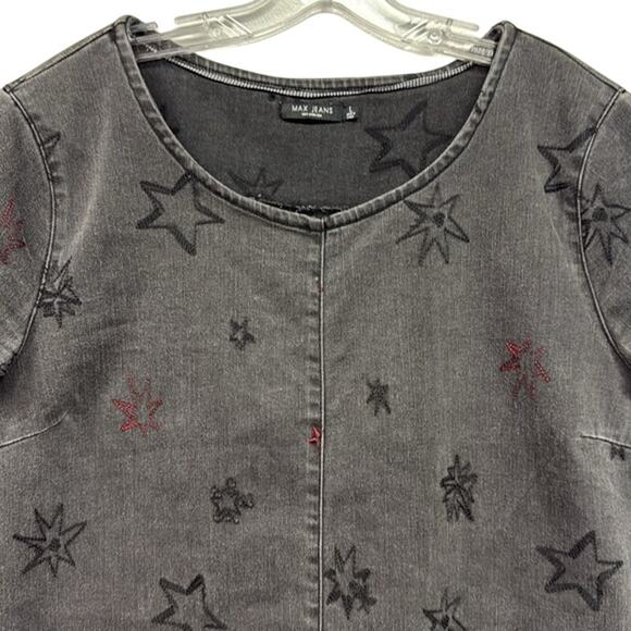 Max Jeans Black Gray Red Denim Stars Short Sleeve Y2K Grunge Scoop Neck Size L - Picture 7 of 9
